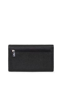 Portefeuille en cuir noir avec une finition texturée, doté d'une poche zippée à l'avant et d'un design rectangulaire élégant avec des détails de couture visibles.