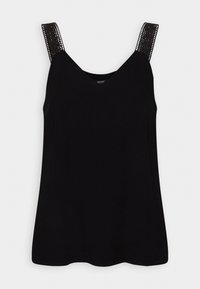 Top senza maniche nero con design a V, con dettagli in pizzo intricati sulle spalline e una texture di tessuto liscia e morbida.