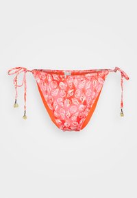 Parte inferior de biquíni coral com padrão de conchas, laços ajustáveis e detalhes em laranja contrastantes. Material suave com contas decorativas nos laços.