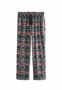 Czarno-szare spodnie piżamowe z powtarzającym się wzorem kufli piwa i płatków śniegu, z czerwono-białym wzorem dzianiny i wiązanym pasem.