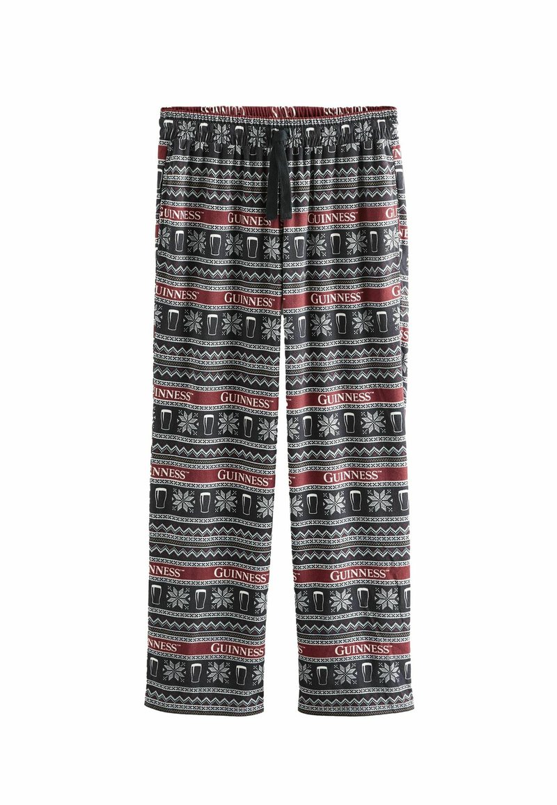 Czarno-szare spodnie piżamowe z powtarzającym się wzorem kufli piwa i płatków śniegu, z czerwono-białym wzorem dzianiny i wiązanym pasem.