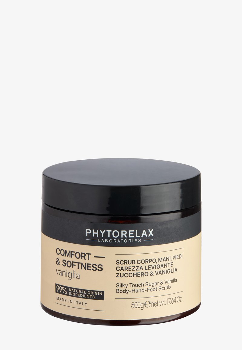 Gommage corps, mains et pieds à la vanille Phytorelax Laboratories Comfort & Softness en pot de 500 g avec couvercle noir et étiquette beige.