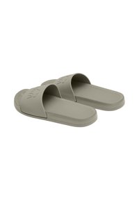 Gray rubber slide sandals with two wide straps, textured footbed, and smooth edges. Features floral pattern embossed on one strap.
