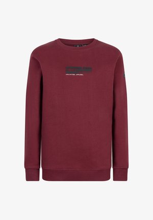Mørkerød sweatshirt med rund hals, lange ærmer og ribbede manchetter. Har et trykt logodesign i sort og grøn på forsiden.