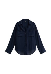 Camicia a maniche lunghe blu navy realizzata in tessuto morbido. Presenta una chiusura con bottoni, colletto e due tasche sul petto. Orlo leggermente curvo.