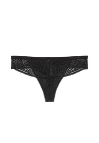 String en dentelle noire avec des motifs géométriques complexes, une taille lisse et des bords festonnés. Le tissu est semi-transparent et texturé.
