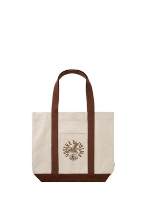 Sac cabas en toile beige avec des anses et un fond marron, arborant un logo central de palmier et le texte « PONTRA Di PALMA ».