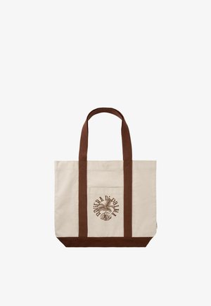 Sac cabas en toile beige avec des anses et un fond marron, arborant un logo central de palmier et le texte « PONTRA Di PALMA ».