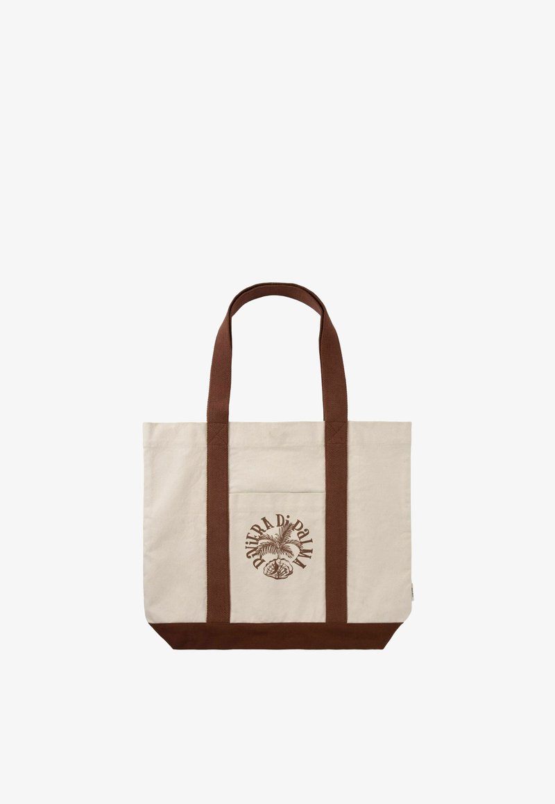 Sac cabas en toile beige avec des anses et un fond marron, arborant un logo central de palmier et le texte « PONTRA Di PALMA ».
