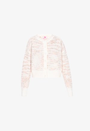 Gestrickte Jacke in Creme mit Pfirsichakzenten, ausgestattet mit einem strukturierten Muster, Rundhalsausschnitt und Knopfverschluss. Kürzere Länge und gerippte Bündchen.