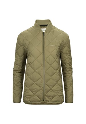 Olivi vihreä kaikukangas takki, jossa on pystykraagi, vetoketjukiinnitys ja pitkät hihat, joissa on sileä pinta ja timanttipatterni.