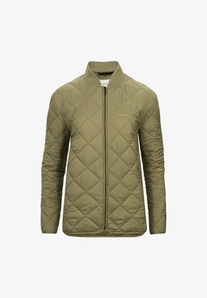 Olivi vihreä kaikukangas takki, jossa on pystykraagi, vetoketjukiinnitys ja pitkät hihat, joissa on sileä pinta ja timanttipatterni.