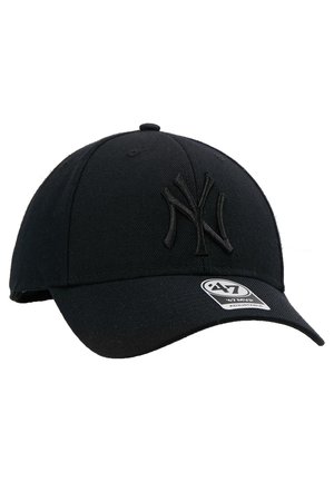 Cappello da baseball nero con una forma strutturata, logo NY ricamato e visiera curva. Il tessuto presenta una texture liscia e dettagli di cucitura sottili.