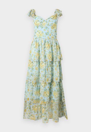 Robe maxi à volants bleu clair sans manches avec imprimé de roses jaunes et bretelles à volants.