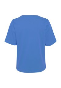 Modré tričko s krátkým rukávem a kulatým výstřihem, vyrobené z hladkého materiálu; jednoduchý design bez viditelných vzorů nebo akcentů.