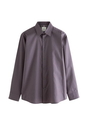 Cămașă cu mânecă lungă, de culoare purpurie închisă, cu un model geometric, cu închidere pe butoane în față, cu guler și butoane verzi, confecționată dintr-un material ușor.