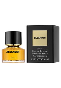 Jil Sander No. 4 Eau de Parfum, 30 ml, har en rund glassflaske med en ravfarget væske, et svart lokk, og en svart boks med gullakenter.