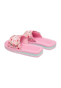 Różowe kwiatowe klapki z teksturowaną wkładką i wyściełanymi paskami. Jasnoróżowa podeszwa z zielonymi akcentami i żebrowanymi brzegami dla lepszej przyczepności.