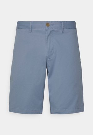 Lichtblauwe katoenmengsel shorts met een platte voorkant, knoopsluiting en zijzakken. Voorzien van een gladde textuur en een knielengte ontwerp.