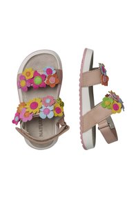 Sandali da bambina con una base in morbida pelle rosa, caratterizzati da applicazioni di fiori in feltro colorati e una cintura regolabile per una vestibilità ottimale. Suola texturizzata.