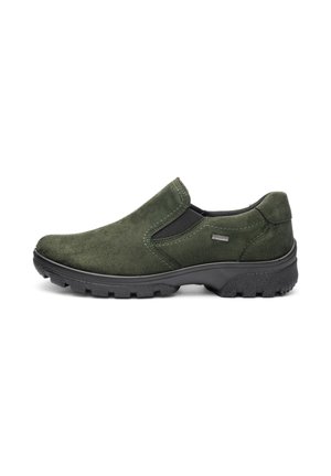 Dark green suede slip-on shoe with black elastic side panels and rugged black rubber sole, featuring a small Gore-Tex tag on the side.