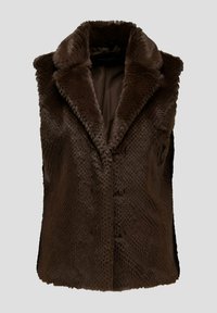 Bruine nep bont vest met een geknoopte kraag, open voorkant en een gestructureerd oppervlak met een zachte glans. Geen sluitingen; gladde binnenvoering.