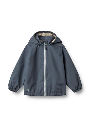 Dunkelgraue Regenjacke mit Kapuze für Kinder, vorne mit Reißverschluss und elastischen Bündchen, auf weißem Hintergrund dargestellt.