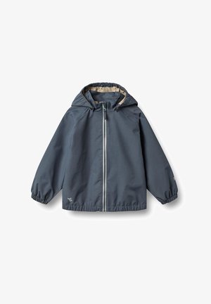 Barnets mørkegrå hettejakke med glidelås foran og elastiske mansjetter, vist på hvit bakgrunn.