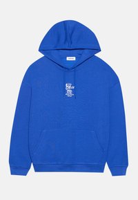 Helle blaue Kapuzenjacke mit vorderer Tasche, Kapuze mit Kordelzug und kleinem weißen Grafikdesign eines Pizzastück-Charakters mit dem Text "Slice, Slice Baby!" auf der Brust.