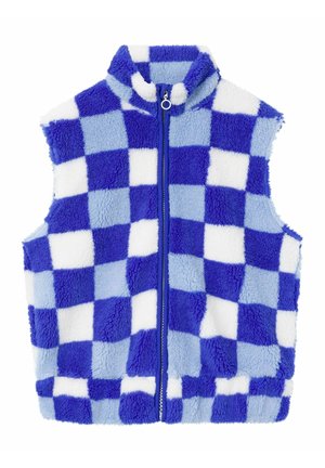 Fleece vest med høj krave, prydet med et blåt og hvidt ternet mønster, frontlynlås og blødt, strukturert stof.