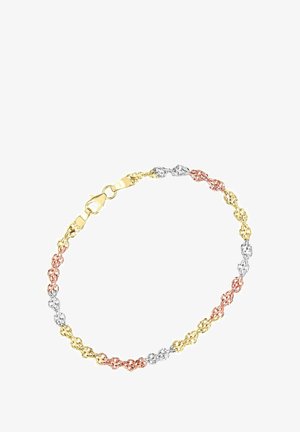 Pulsera de metal trenzado en oro, plata y oro rosa con eslabones entrelazados y cierre de langosta. Textura suave con acabado brillante.