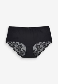 Zwarte onderbroek met een gladde voorkant en kantdetails aan de zijkanten. Heeft een delicate strikaccent op de tailleband.