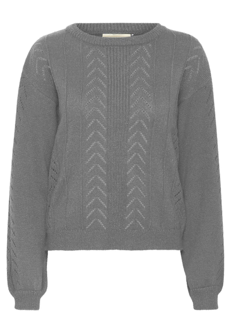Grauer Pullover mit rundem Hals und langen Ärmeln. Hat eine gerippte Textur mit vertikalen Linien und Zickzackmustern. Aus weichem Strickmaterial.