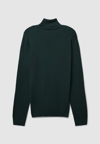 Dunkelgrüner Rollkragenpullover aus weichem Stoff, mit langen Ärmeln und geripptem Kragen sowie Bündchen. Keine Muster oder zusätzlichen Details.