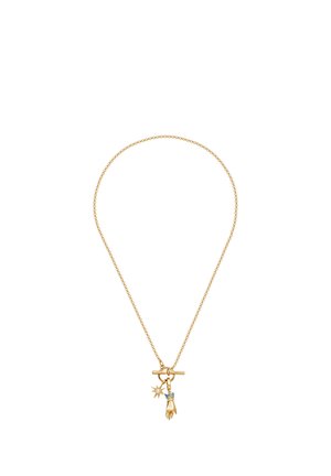 Gold chain necklace with toggle clasp featuring sun charm and hand charm adorned with light blue stones.