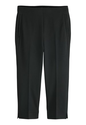 Čierne priliehavé nohavice dĺžky nad členky, so štíhlym strihom, bočnými vreckami a malými rozparkami na leme.