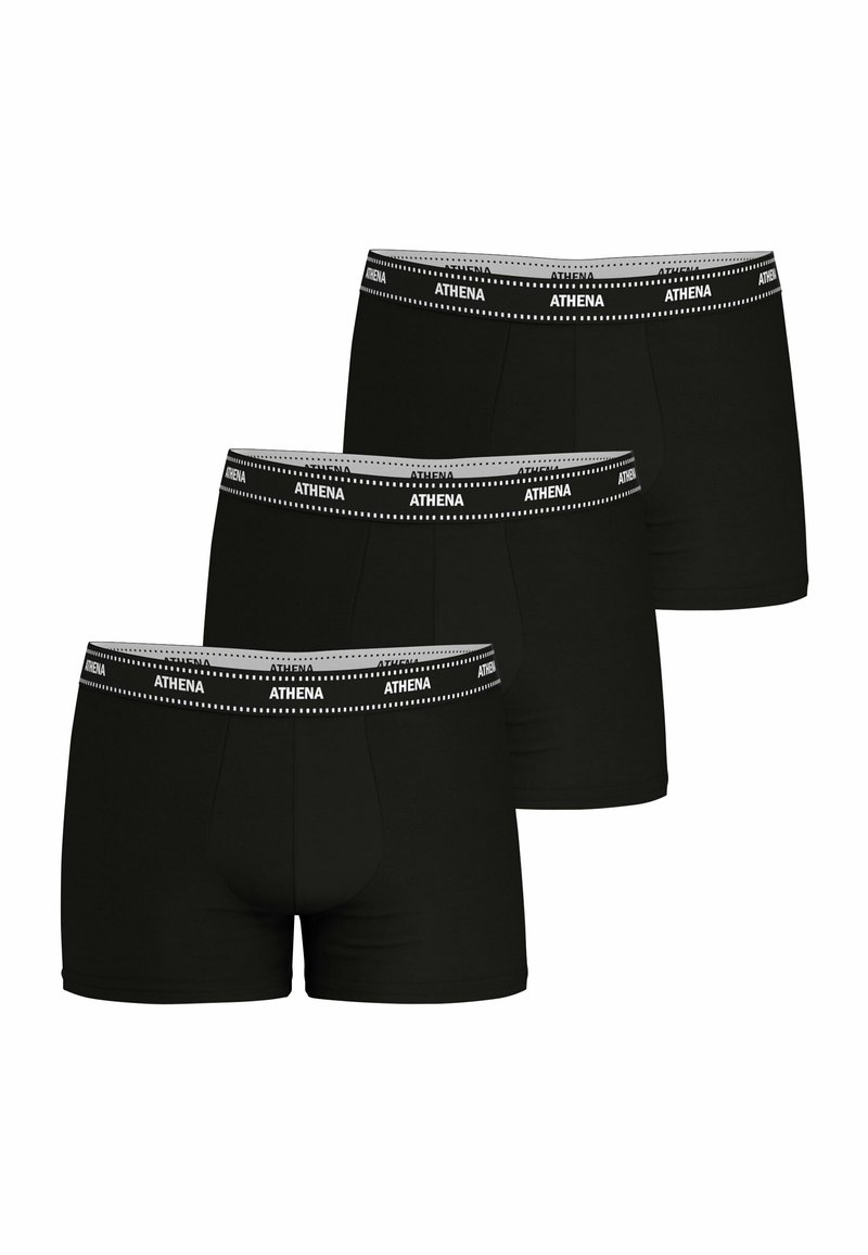 Boxers en coton noir dans un pack de trois, avec une ceinture argentée arborant le logo "ATHENA" et un design ajusté.