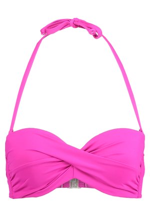 Světle růžový bikiny top s krouceným předním designem, nastavitelné zavazování za krkem a zapínání na háček na zádech. Hladká textura.