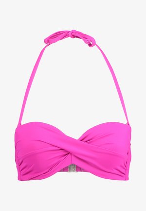 Bikini-Oberteil in leuchtendem Pink, mit einem gedrehten Frontdesign, verstellbaren Halterträgern und einem Hakenverschluss auf der Rückseite. Glatte Textur.