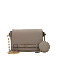 Graue Leder-Umhängetasche mit strukturiertem Finish, goldener Hardware und einem passenden runden Münzbeutel. Mit einer Kettenriemen und einem Verschluss ausgestattet.