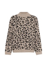 Beige tröja med svart leopardmönster, ribbat hög krage och lös passform. Mjuk textur med långa ärmar och avslappnad silhuett.