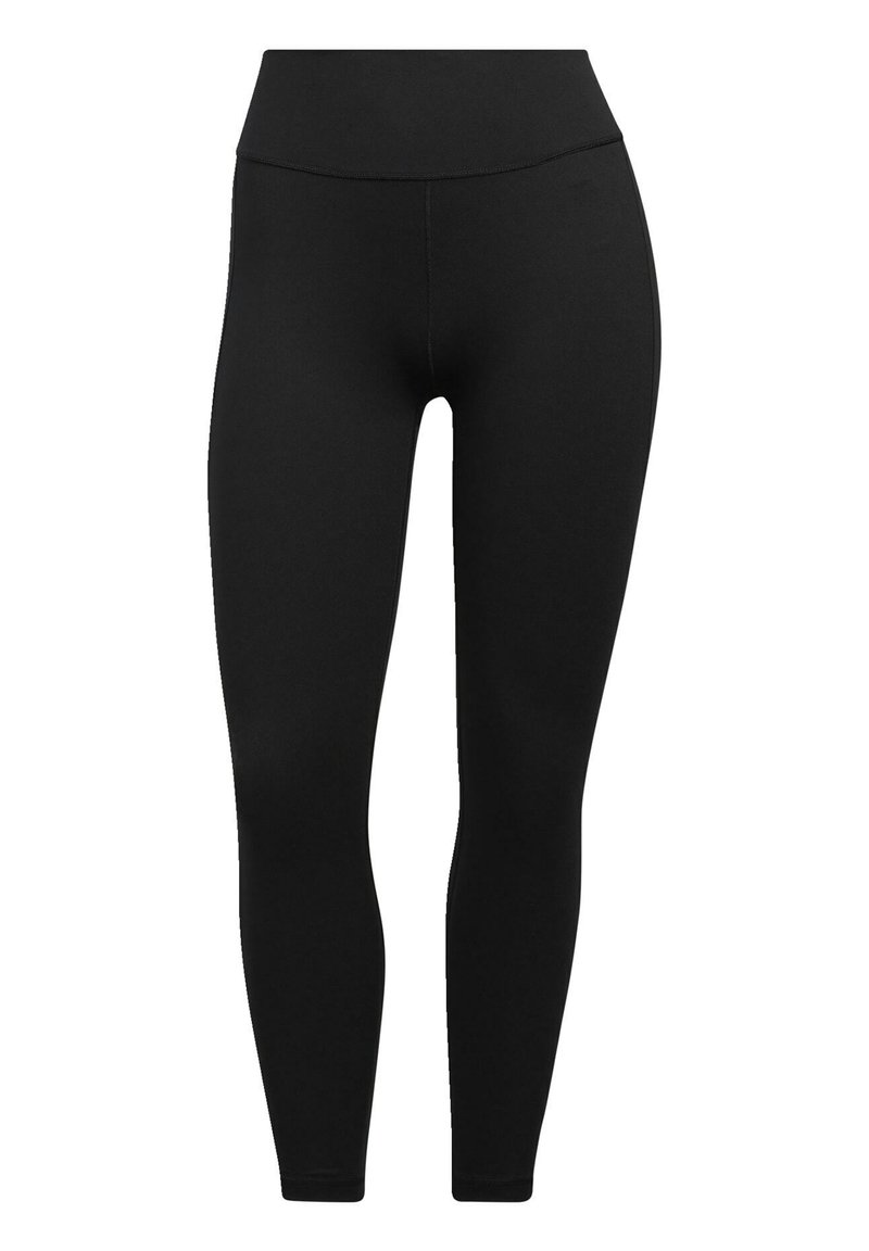 Leggings noirs en tissu extensible, dotés d'une taille haute et d'une texture lisse et mate. Design simple sans motifs ni accents visibles.