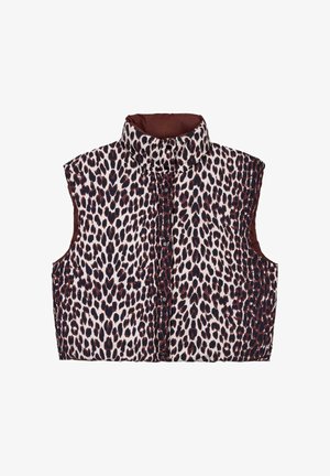 Padded sleeveless vest featuring a leopard print in shades of brown and cream, high collar, snap buttons, and smooth texture.