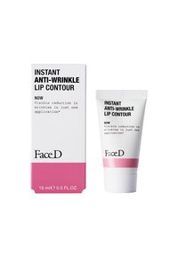 Tubo di crema contorno labbra anti-rughe in bianco con accenti rosa, 15 ml; l'imballaggio include informazioni sul prodotto in grassetto nero.