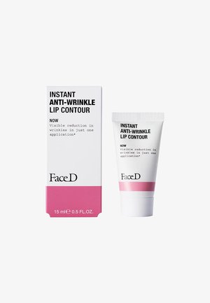 Tube of anti-wrinkle lip contour cream in white with pink accents, 15 ml; packaging includes product information in bold black text.