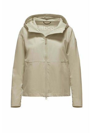 Beżowa lekka kurtka z kapturem, zapinana na zamek z przodu, z długimi rękawami, prezentowana na jednolitym białym tle.