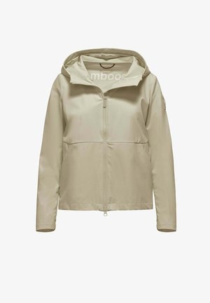 Beige hooded lightweight jacket with front zipper and long sleeves, displayed on a plain white background.