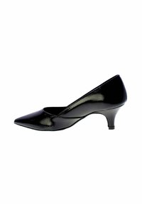 Pump da donna in vernice nera con punta appuntita e tacco a scendere, mostrata in profilo laterale su sfondo bianco.