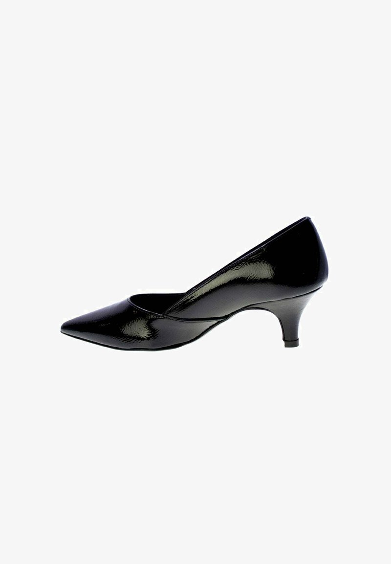 Zwarte gepatineerde leren pump voor dames met een spitse neus en een lage kittenheel, weergegeven in zijprofiel op een witte achtergrond.