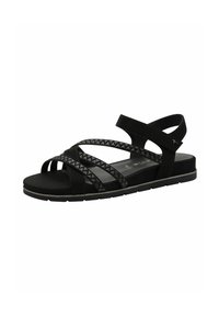 Sandal nera in suede con cinghie incrociate caratterizzate da una texture triangolare. Suola piatta con minimo grip e una cinghia sul retro per il supporto.